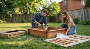 Parents assembling a sturdy wooden sandbox kit on backyard grass in Canada.