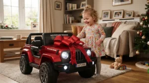 A toddler unwrapping their first ever 12V electric ride-on car for toddlers in a brightly lit living room.