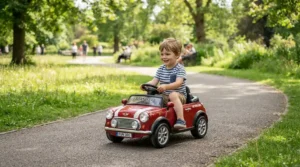 A three-year-old driving a sleek 12V electric ride-on car for toddlers along a scenic paved park trail.