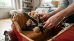 Demonstration of the adjustable harness safety feature inside a 12V electric ride-on car for toddlers.