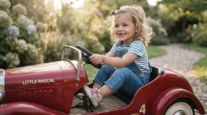 Close-up of a smiling child experiencing smooth soft-start acceleration in their 12V electric ride-on car for toddlers.
