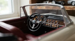 Detail view of the dashboard on a 12V electric ride-on car for toddlers showing safe top speed indicators.