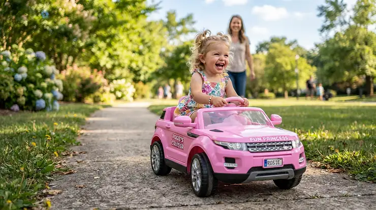 A toddler cruising in a pink 12V electric ride-on car for toddlers down a sunny suburban sidewalk.