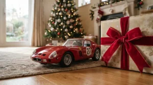 An affordable electric ride-on car parked next to a large gift box for a birthday surprise.