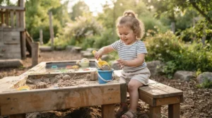 A budget friendly sand and water table combo designed for toddlers playing outdoors