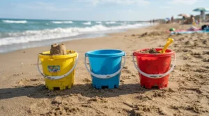 Durable and colourful items from a beach toy set for kids lined up on a sunny coastal beach.