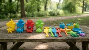 A compact portable beach toy set for kids tucked into a travel bag for a summer vacation.