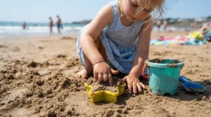 Children building a castle using a sand mould and pail set included in their beach toy set for kids.