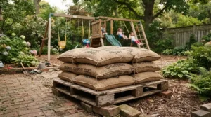 Large bags of bulk play sand for kids sandbox stacked neatly beside a playground