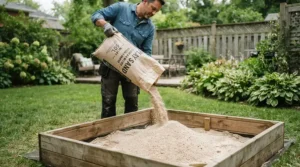 Clean dust-free play sand for kids sandbox poured smoothly into a wooden frame