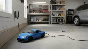 An electric ride-on car plugged into a wall charger in a well-organized family garage.