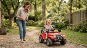 A parent guiding an electric ride-on car using a handheld parental remote override transmitter.
