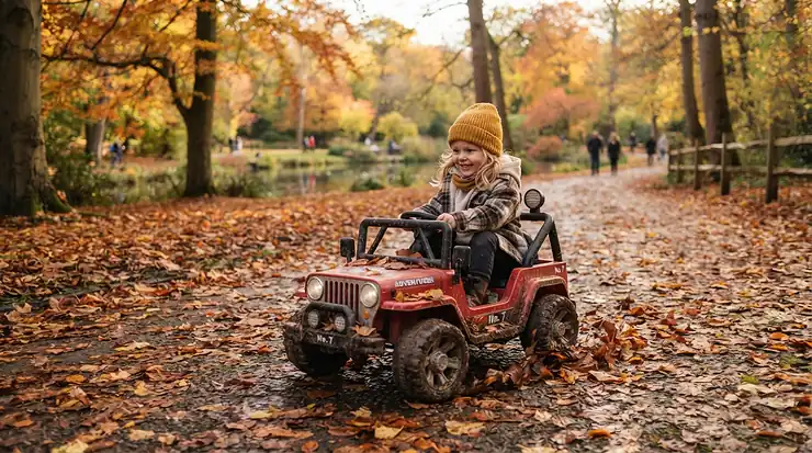 A colorful electric ride-on car being driven along a park pathway surrounded by autumn leaves.