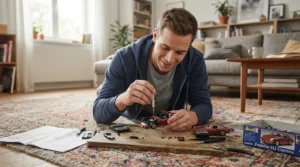 An adult completing the quick assembly of an electric ride-on car in a cozy living room.