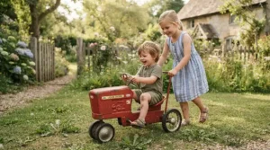 Two siblings taking turns driving their favorite electric ride-on car on a sunny afternoon.