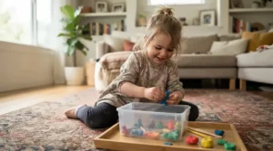 Toddler enjoying sensory play sand for kids sandbox inside a portable tray