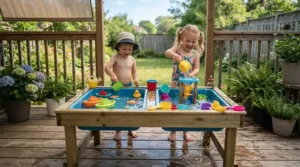 A kids activity table sand water combo on a wooden patio deck during summer