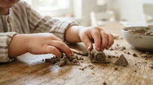 Safe non-toxic play sand for kids sandbox during a morning sensory activity