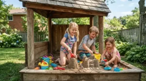 Children building sandcastles using play sand for kids sandbox in a sunny backyard