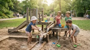 A portable sand and water table combo set up for sensory play at a local Canadian park