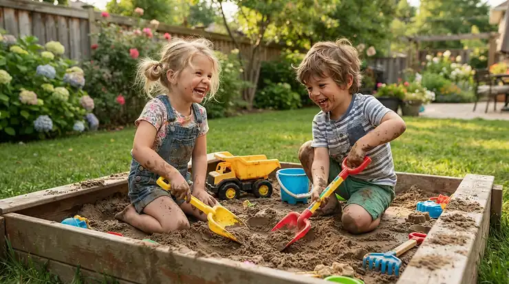 Children playing safely with play sand for kids sandbox tested for silica safety