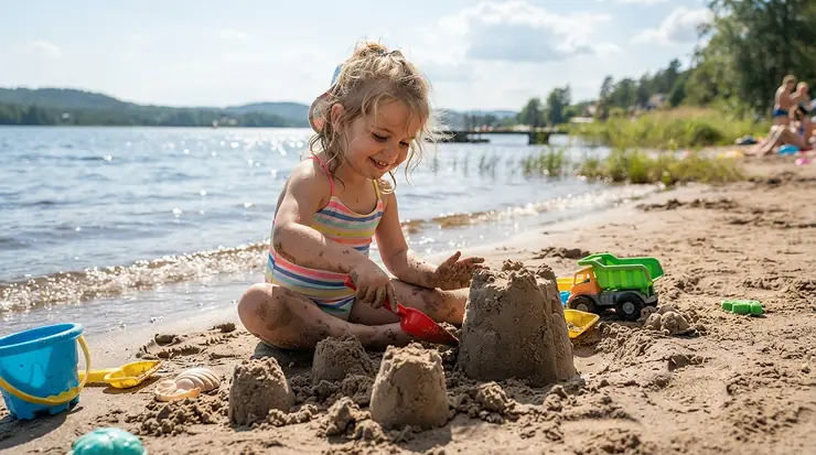 A toddler playing with sand digger toys for toddlers in the sand at a Canadian park shoreline during summer.