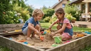 Two toddlers sharing sand digger toys for toddlers in a cedar backyard sandbox on a sunny day.