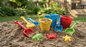 Brightly coloured sand digger toys for toddlers and buckets lined up neatly in a sandbox.