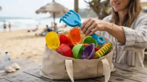 Durable, toddler-safe plastic sand digger toys for toddlers being packed into a mesh beach bag.