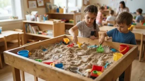Indoor sensory bin filled with kinetic sand and sand digger toys for toddlers during winter.