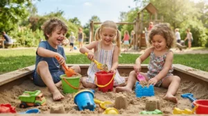 Children enjoying a sandbox accessories kit in a sunny backyard play area.