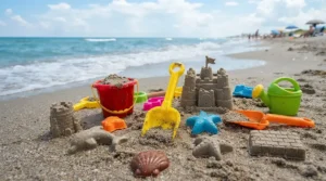 A complete sandbox accessories kit spread out on the sand during a family beach day.
