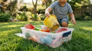 A tidy sandbox accessories kit packed into a portable container after playtime.