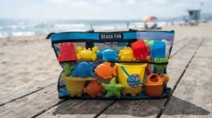 A comprehensive sandbox accessories kit neatly arranged in a handy mesh storage bag.
