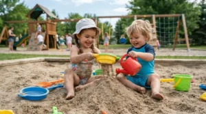 Toddlers playing together using pieces from a versatile sandbox accessories kit at a public park.