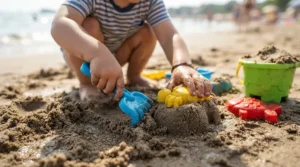 Kids exploring creative building with a sandbox accessories kit featuring various molds.