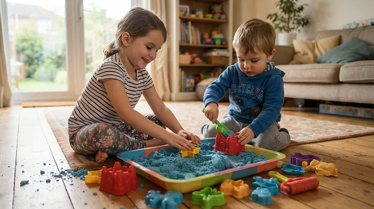 Children using a portable sandbox accessories kit for indoor sensory play during winter.
