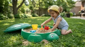 An affordable plastic sandbox for toddlers set up on a green lawn for first-time buyers.