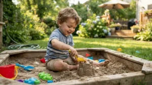 A wooden sandbox for toddlers enjoying warm weather outdoor activities in Canada.