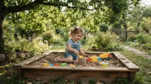 A shaded sandbox for toddlers positioned under backyard trees for safe sun protection.