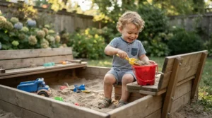 A convenient sandbox for toddlers featuring built-in wooden corner benches for seating.