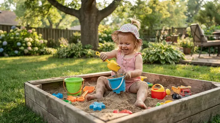 A sturdy wooden sandbox for toddlers filled with soft sand in a sunny suburban backyard.