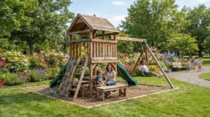 Sturdy sandbox with lid for small backyard sitting neatly beside a Calgary suburban garden bed.