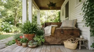 A tidy sandbox with lid for small backyard featured on a shaded Halifax wooden back porch.