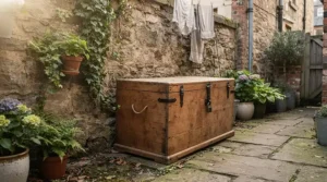 Space-saving sandbox with lid for small backyard in a narrow Montreal duplex courtyard.