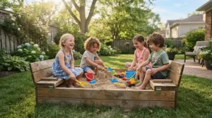Square sandbox with lid for small backyard installed in a compact Ottawa suburban grass plot.