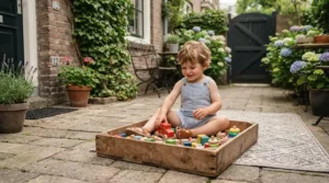 A compact sandbox with lid for small backyard setup on a Toronto townhouse patio with autumn leaves.