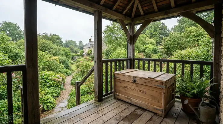 Wooden sandbox with lid for small backyard positioned on a rainy-season prepared Vancouver deck.