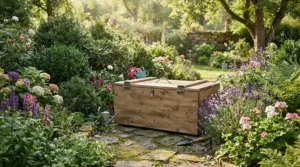Weather-resistant sandbox with lid for small backyard nestled in a blooming Victoria island garden.
