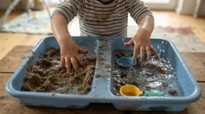 Toddlers exploring tactile sensory play using a sand and water table combo